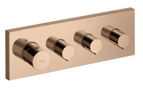 Thermostatmodul mit drei regulierbaren Verbraucheranbindungen in Polished Red Gold, montiert auf einer rechteckigen Platte mit der Marke AXOR.